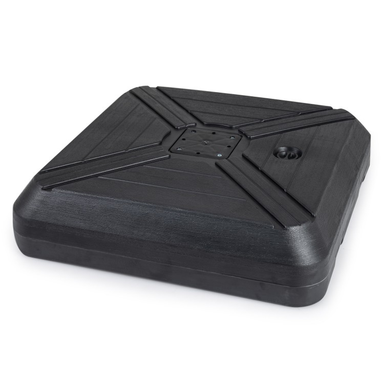 Cantilever offset umbrella base with wheels, reinforced HDPE, 7.5" thick for stability, ideal for patios and poolsides.