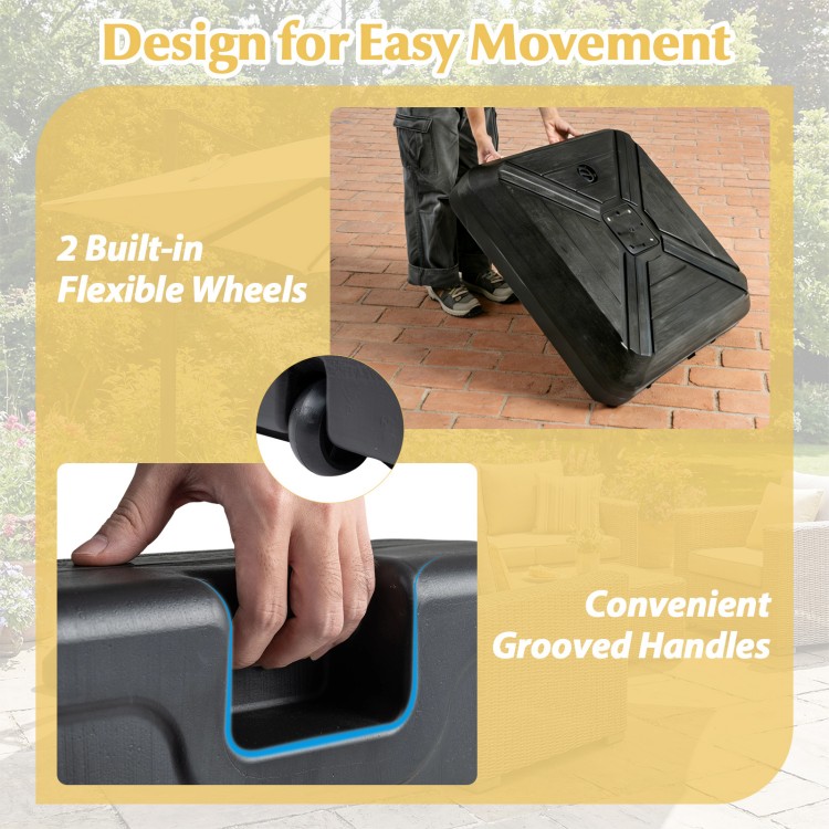 Cantilever offset umbrella base with wheels, featuring grooved handles for easy movement, ideal for poolside stability.