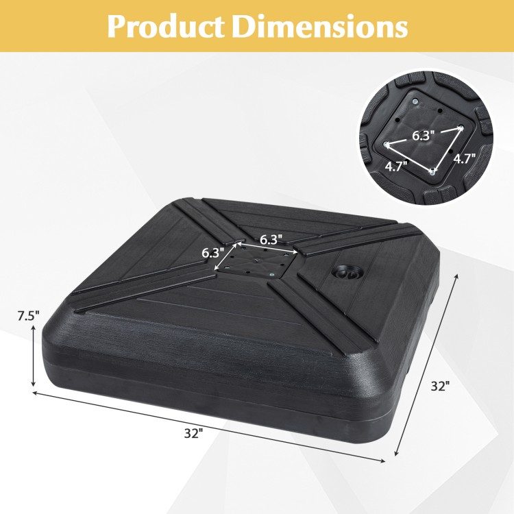 Square cantilever umbrella base with wheels, 32" x 32", 7.5" thick, designed for stability at patios and poolsides.