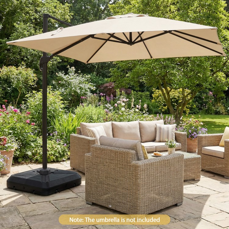 Cantilever offset umbrella base with wheels, made of reinforced HDPE, ideal for patios and poolside stability.