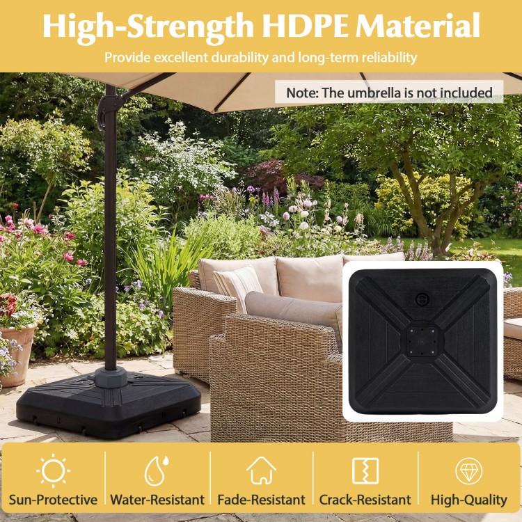 Cantilever offset umbrella base with wheels, made of HDPE material, ideal for patio stability and easy repositioning.