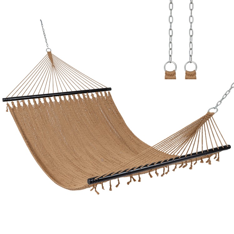Spreader bar hammock in khaki, supports 600 lbs, ideal for patio or poolside lounging, featuring durable polyester.