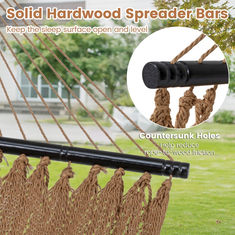 Caribbean hammock with hardwood spreader bars, featuring countersunk holes for reduced friction, ideal for patio.