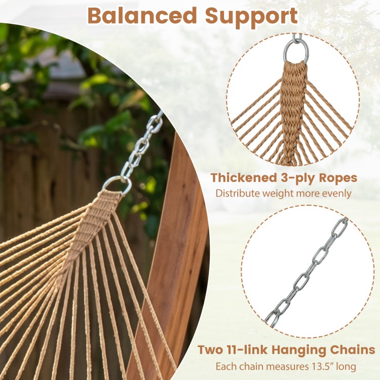 Balanced support with thickened 3-ply ropes and two 11-link chains for the khaki Caribbean hammock, ideal for patio.
