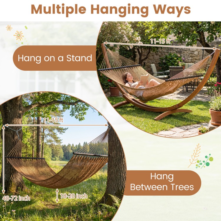 Caribbean hammock with spreader bar in khaki, adjustable for hanging between trees or on a stand, supports 600 lbs.