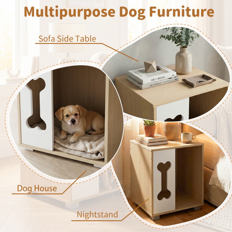 Wooden cat condo side table with bone-shaped window, sturdy metal legs, perfect for decor and pet interaction.