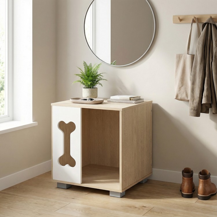 Wooden cat bed side table with bone-shaped window, natural finish, and sturdy metal legs for stylish pet comfort.