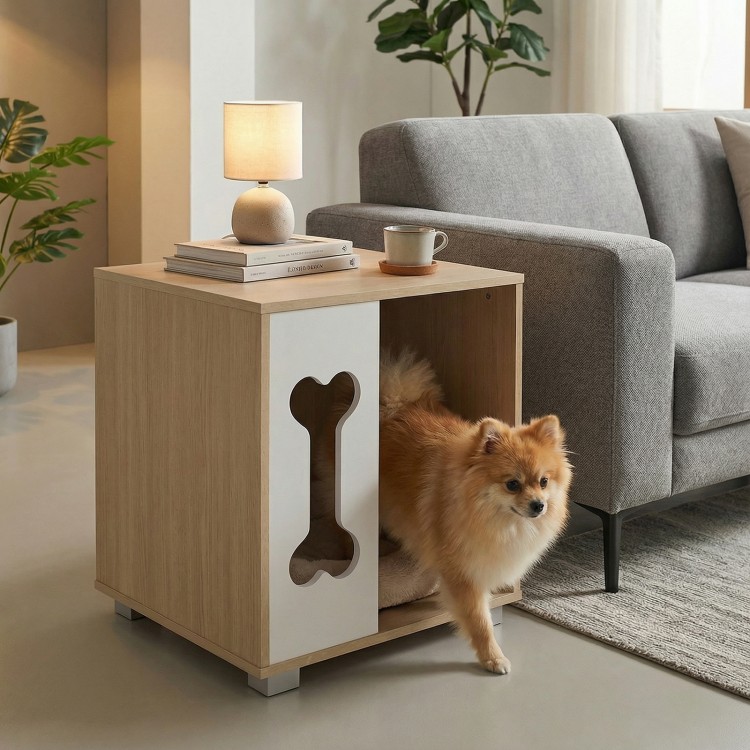Wooden cat condo side table with bone-shaped window, natural finish, and sturdy metal legs for stylish pet-friendly.
