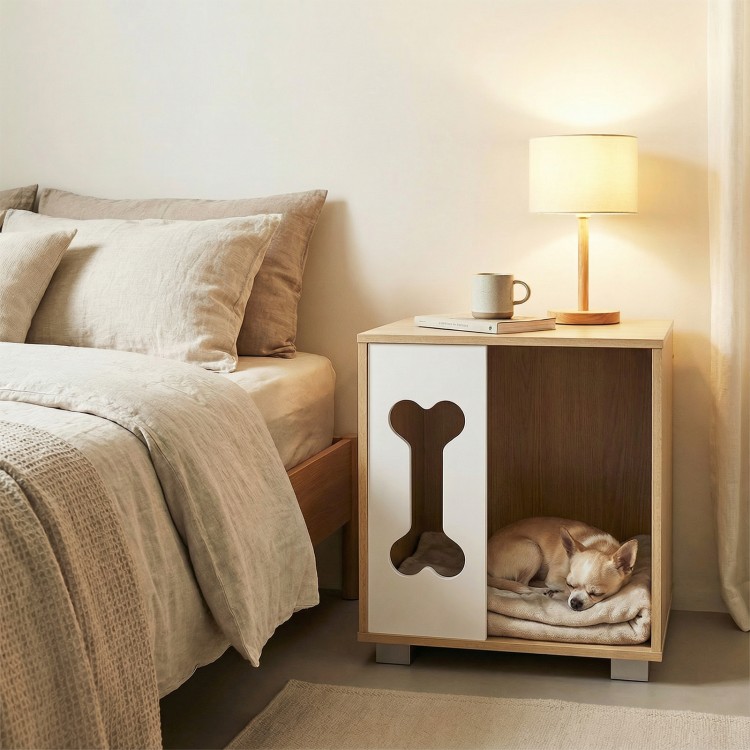 Wooden cat condo side table with bone-shaped window, natural finish, and sturdy metal legs for stylish pet comfort.