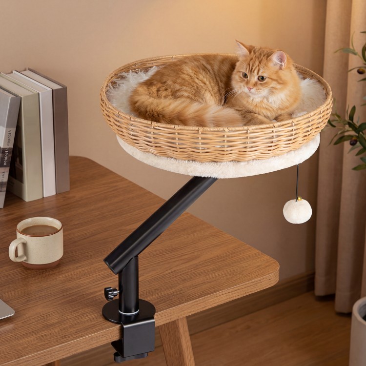 Comfy cat desk bed with removable cushion, featuring a natural rattan design, perfect for indoor cats and space-saving.