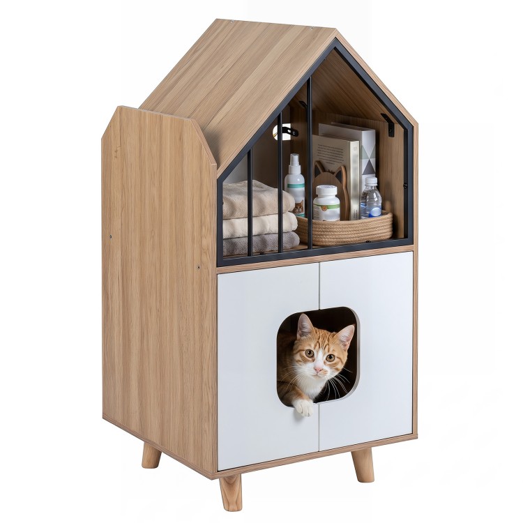 House-shaped modern cat litter box enclosure with storage shelf, double doors, and decorative metal fence for indoor use.