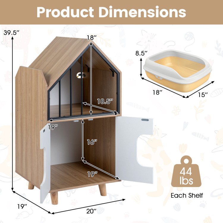 Modern cat litter box enclosure with a house-shaped design, featuring a hidden cabinet and upper shelf for storage.