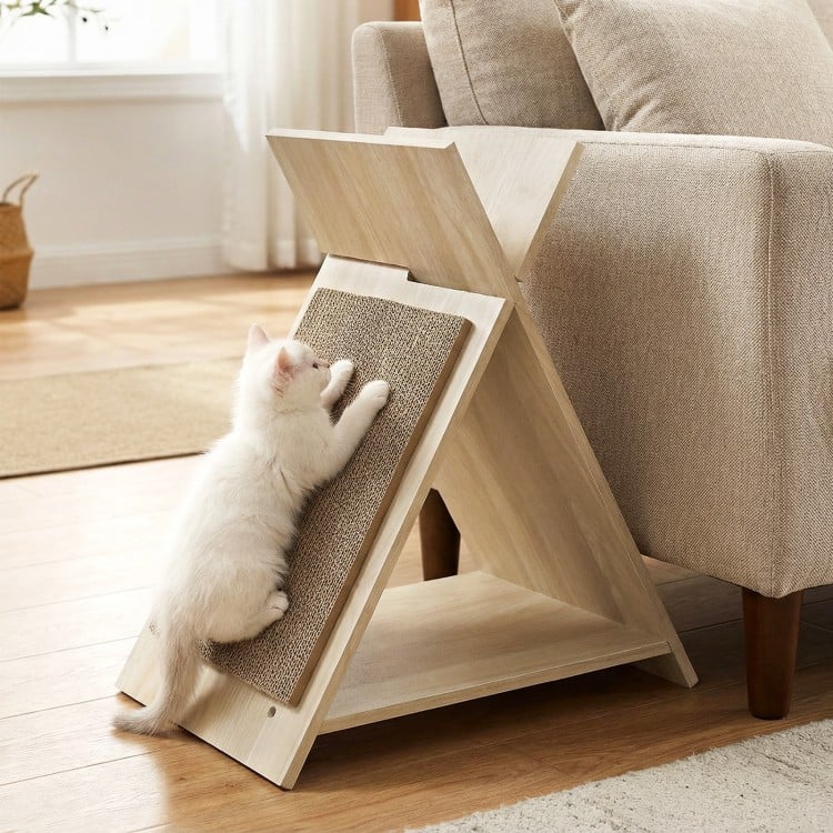 X-shaped cat scratcher made of high-density cardboard, designed for claw sharpening and furniture protection.