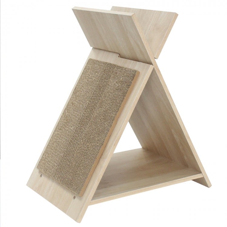X-shaped cat scratcher made of natural wood-like material, perfect for claw sharpening and lounging.