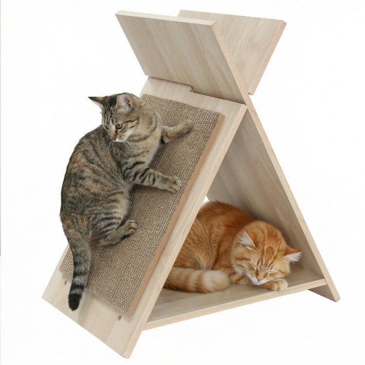 X-shaped cat scratcher with natural wood-like texture, featuring a lounge bed and scratching surface for feline play.