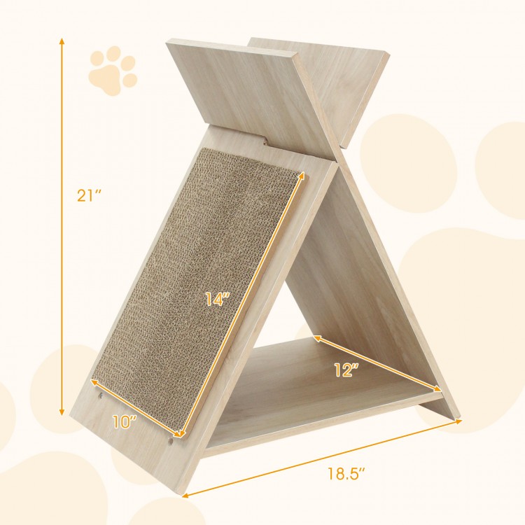 X-shaped cat scratcher made of natural wood-like material, 21" tall, ideal for claw sharpening and lounging.
