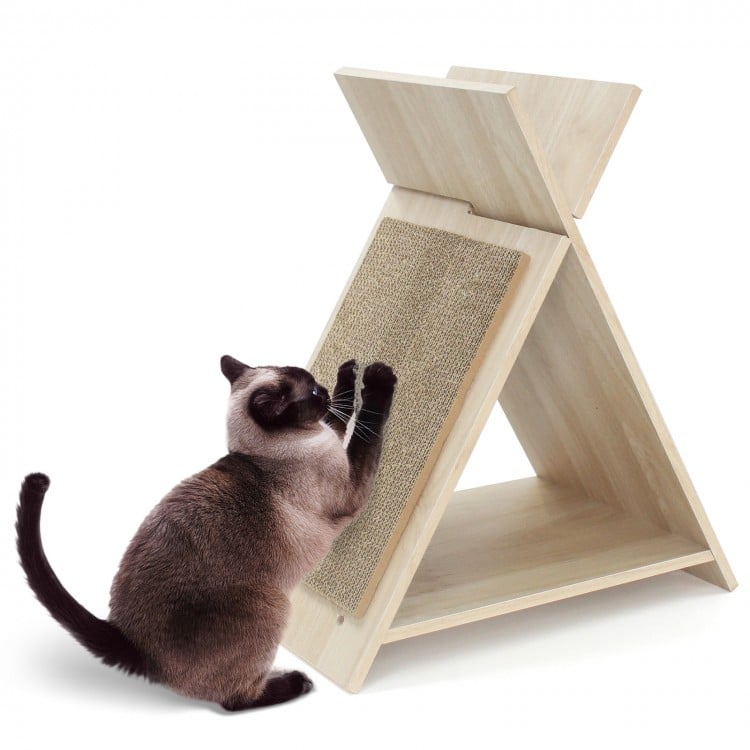 Cat scratcher with high-density corrugated cardboard, X-shaped design, and wood-like texture for claw sharpening and.
