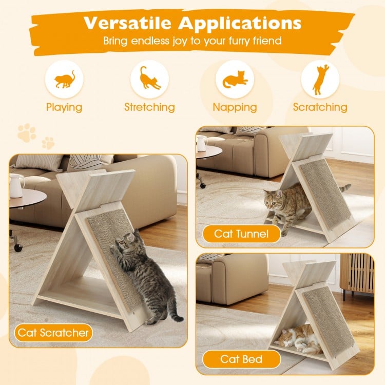 X-shaped cat scratcher in natural cardboard, serving as a lounge bed and tunnel toy for claw sharpening and play.