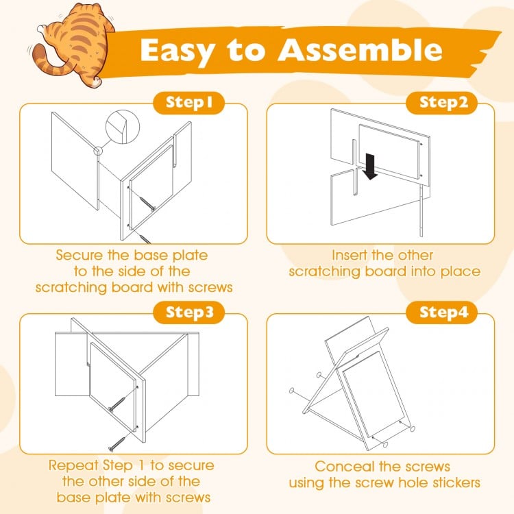 Step-by-step assembly instructions for a natural cat scratcher with a symmetrical X-shaped design and elevated base.