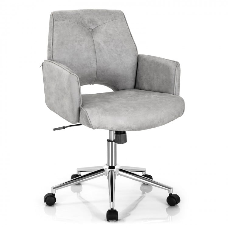 Gray adjustable office chair with armrests, 360° swivel, and a modern design for home or office use.