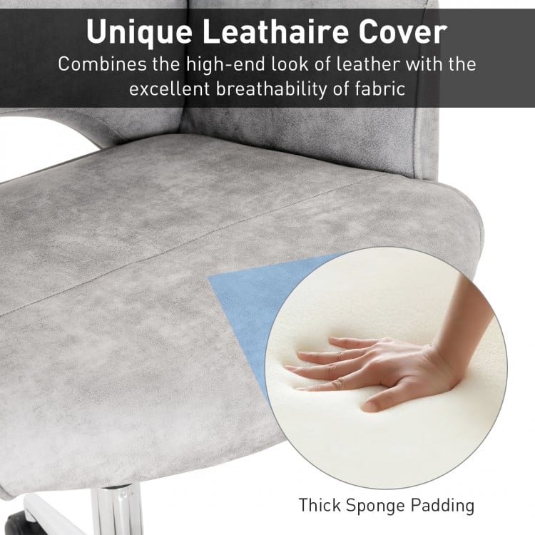 Close-up of the gray adjustable office chair with a unique leathaire cover and thick sponge padding for comfort.