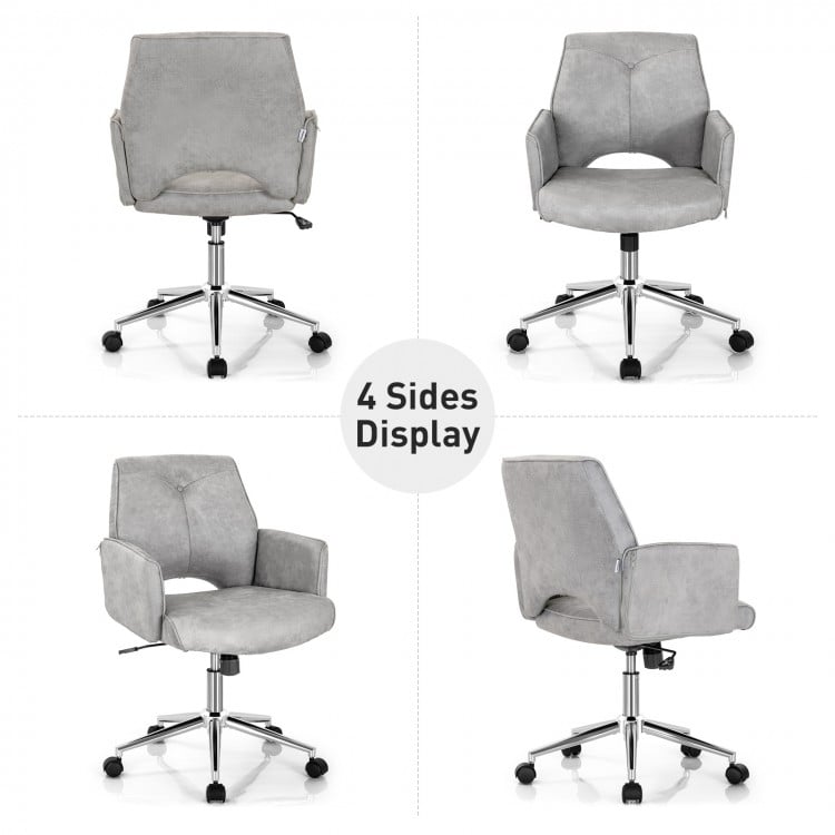 Adjustable gray office chair with armrest, 360° swivel, and reinforced base, showcasing four sides for versatile use.