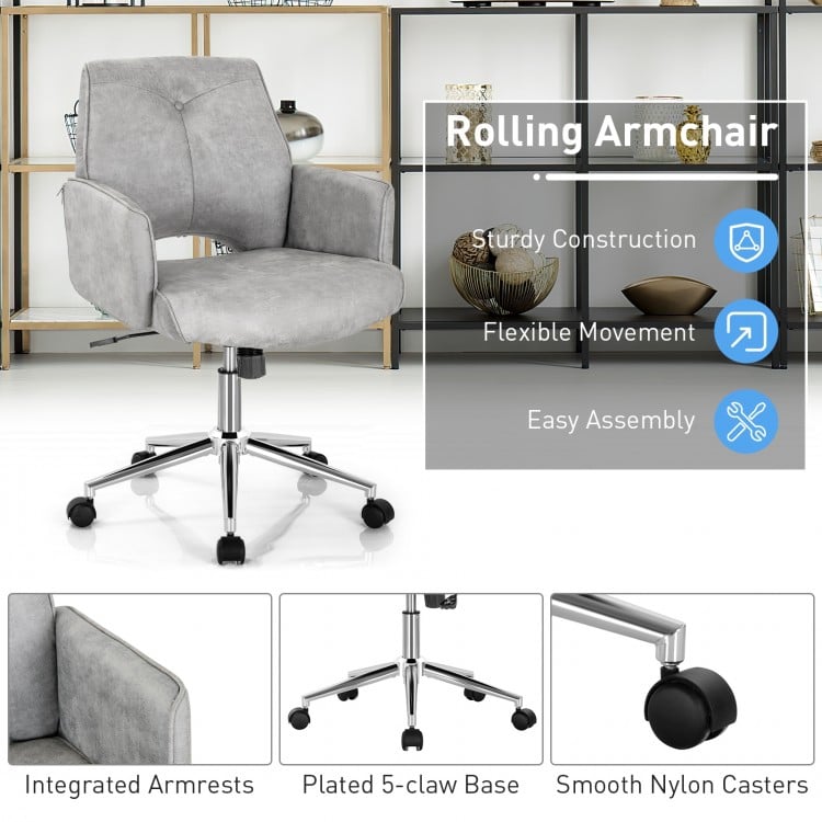 Gray adjustable office chair with armrest, 360° swivel, and sturdy 5-claw base for home or office use.