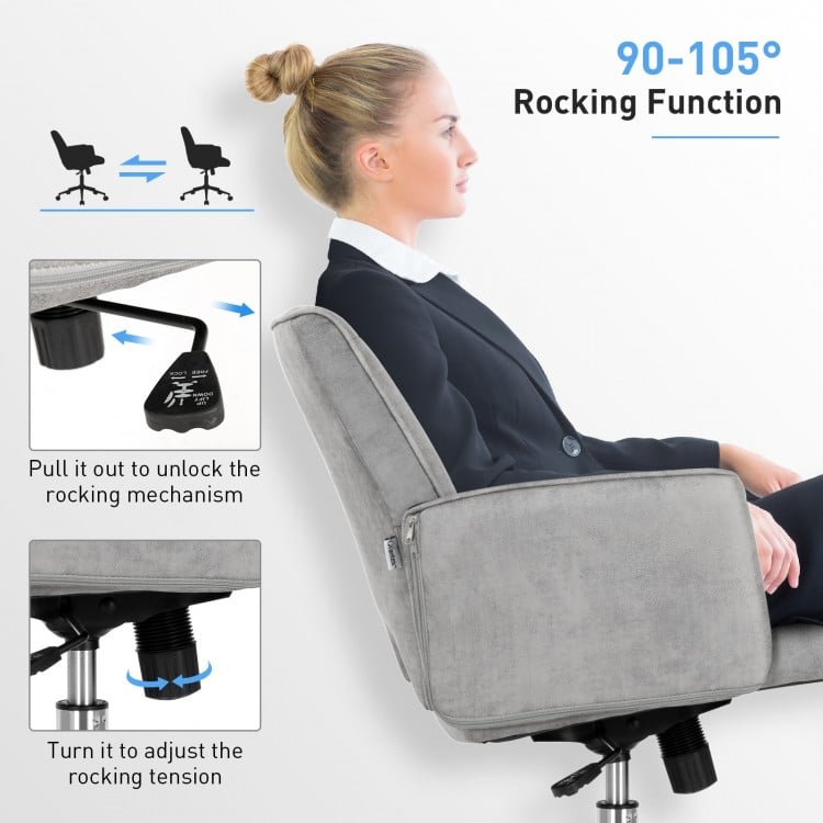 Adjustable gray office chair with armrest, featuring a 90°-105° rocking function and 360° swivel design for comfort.