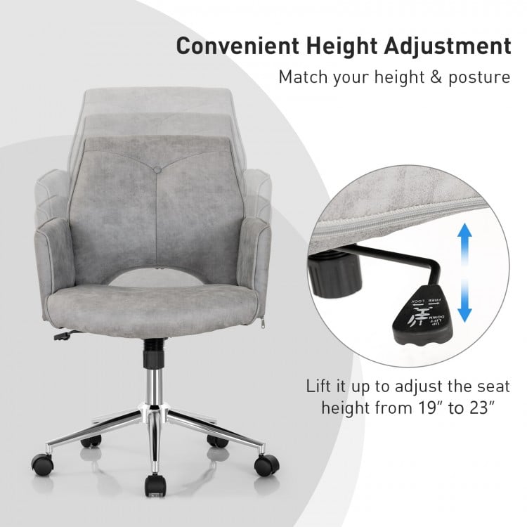 Adjustable gray office chair with armrest, featuring height adjustment from 19" to 23" for personalized comfort.