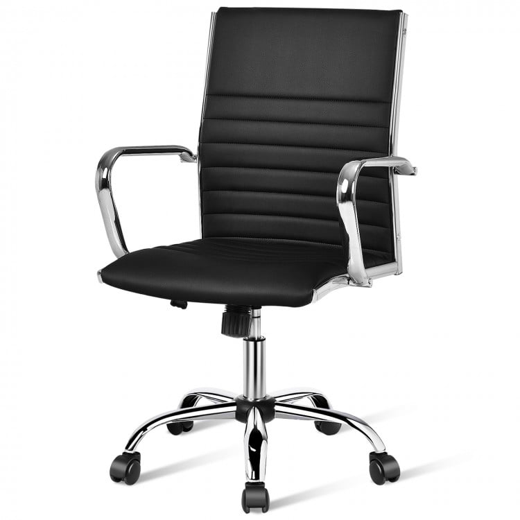High back black PU leather office chair with chrome armrests, height adjustable, ideal for home or office use.