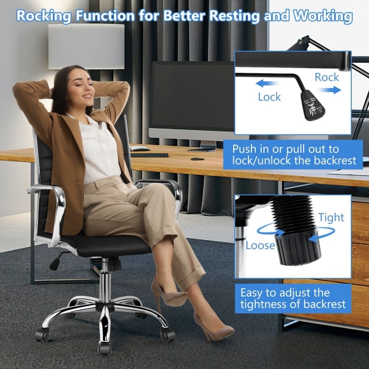 High back PU leather office chair with ergonomic design, adjustable height, and rocking backrest for comfort in office.