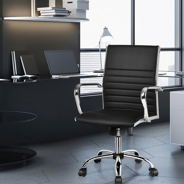 High back black PU leather office chair with armrests, adjustable height, and ergonomic design for home or office use.