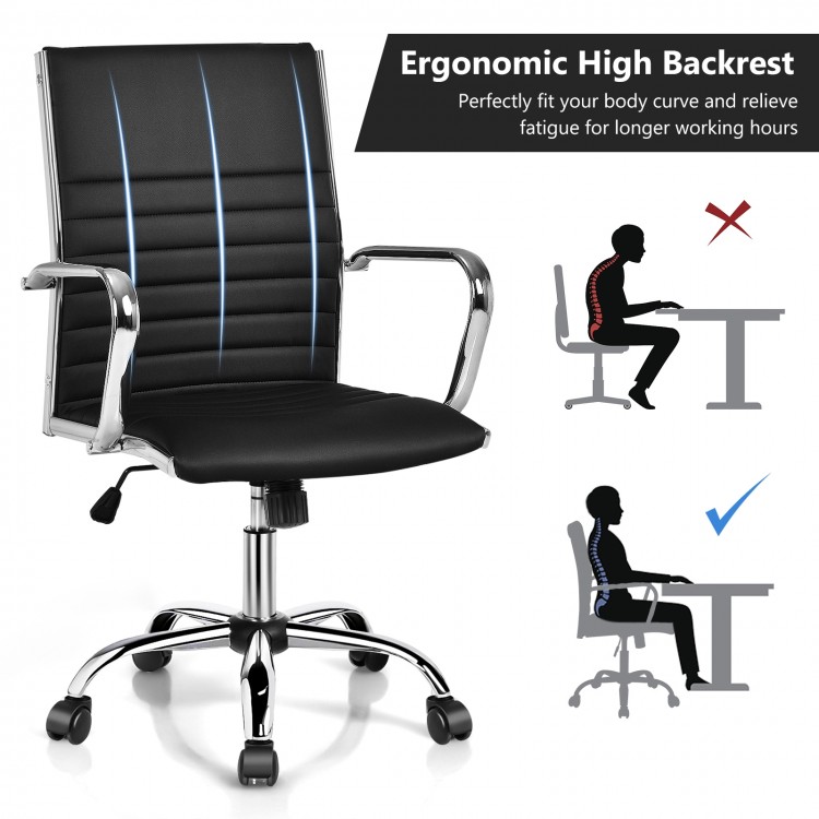 Ergonomic high back office chair in black PU leather with armrests, height adjustable for home or office use.