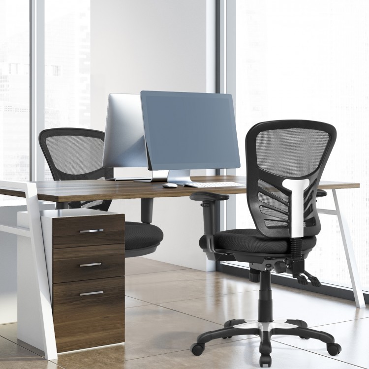 Ergonomic black mesh office chair with adjustable back height and armrests, designed for comfort and efficiency in.