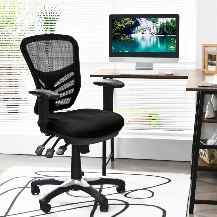 Ergonomic black mesh office chair with adjustable height and armrests for comfortable sitting in home or office.