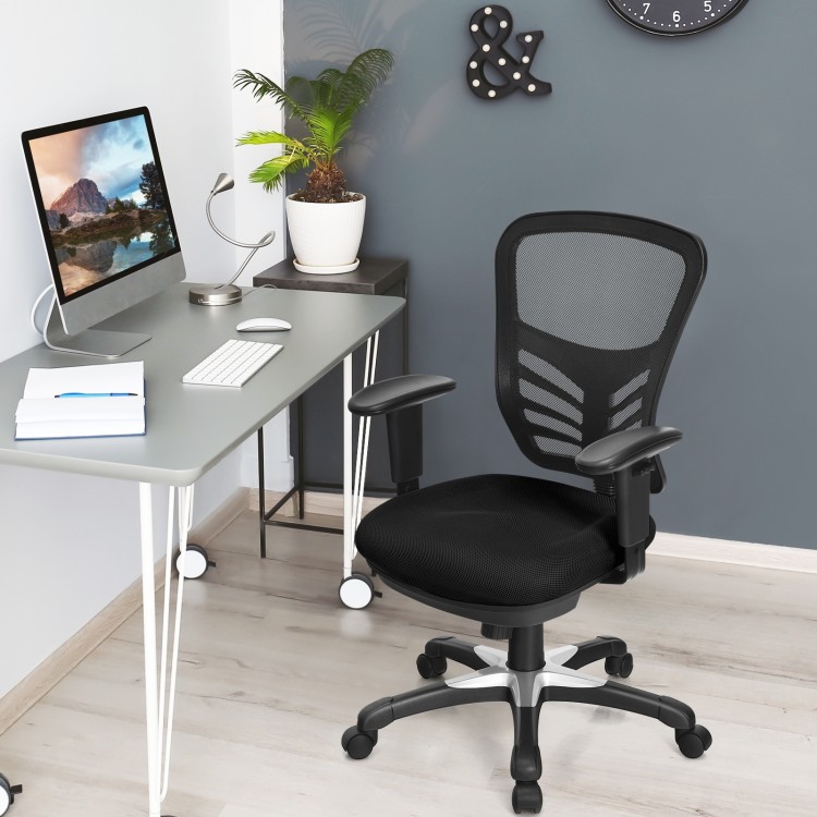 Ergonomic black mesh office chair with adjustable back height and armrests, designed for comfort and flexibility in any.