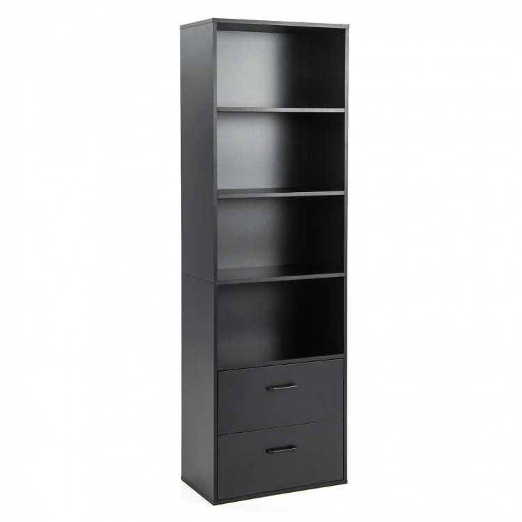 Tall black freestanding bookshelf with 4 open shelves and 2 drawers, perfect for home or office storage.