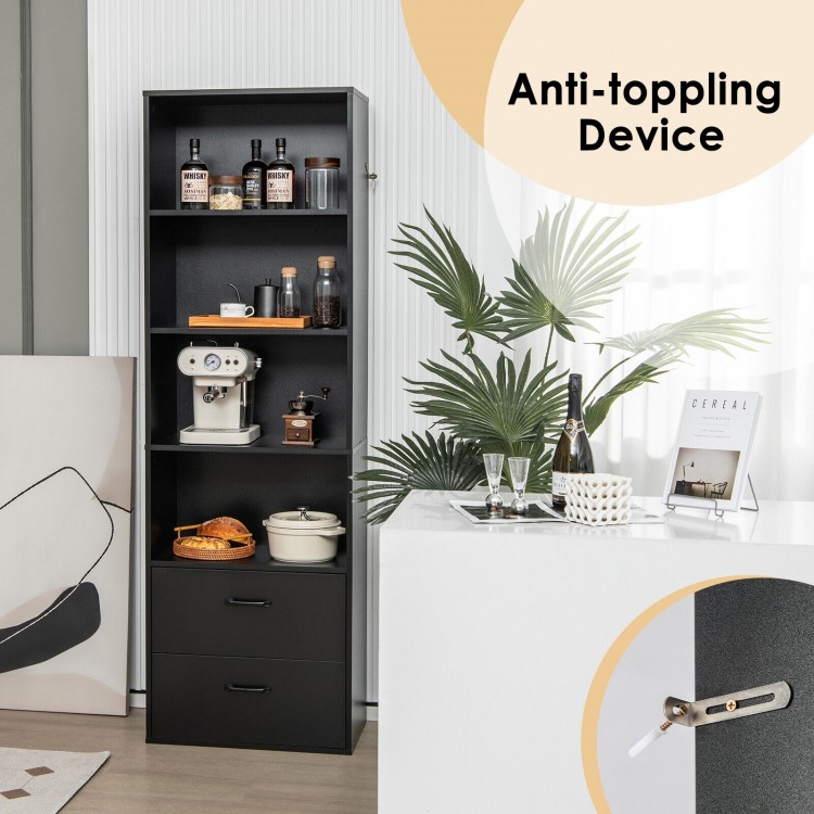 Tall black 6-tier freestanding bookshelf with 4 open shelves and 2 drawers, featuring an anti-toppling device for.