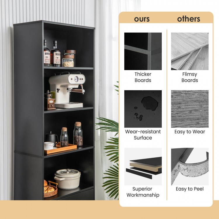 6-tier tall freestanding bookshelf in black with 4 open shelves and 2 drawers, featuring a wear-resistant surface for.