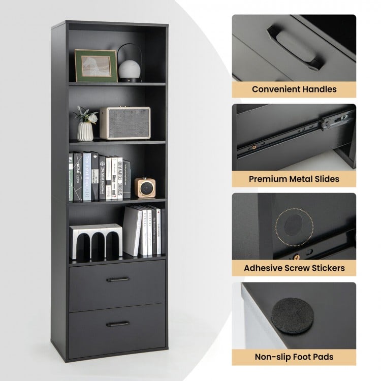 6-tier tall freestanding bookshelf in black with 4 open shelves and 2 drawers, ideal for home or office storage.