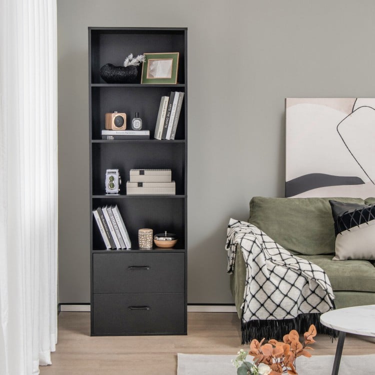 Tall black freestanding bookshelf with 4 open shelves and 2 drawers, ideal for home or office storage and organization.