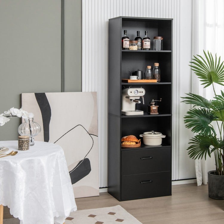 Tall black freestanding bookshelf with 4 open shelves and 2 drawers, ideal for home or office storage solutions.