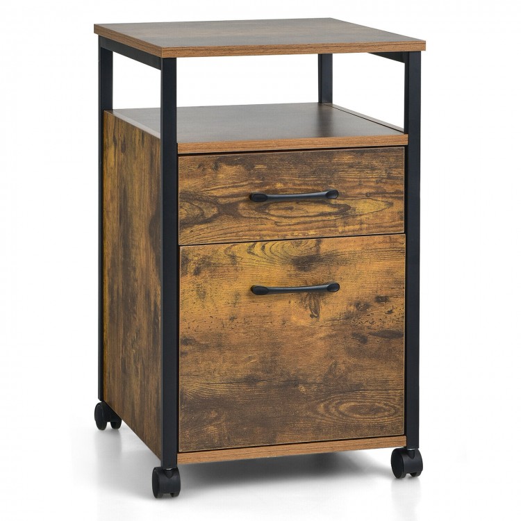2-drawer mobile file cabinet in rustic brown with open shelf, suitable for letter size files, ideal for office or study.