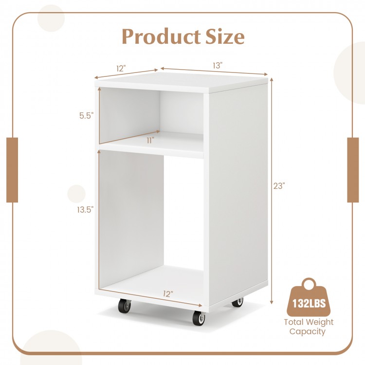 Mobile file cabinet in white with 2 open shelves, rolling casters, and a spacious top for printer storage, ideal for.