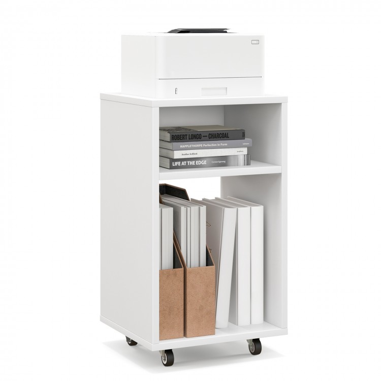 Mobile file cabinet in white with printer stand, open shelves, and rolling casters for versatile office organization.