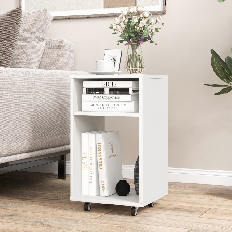 Mobile white file cabinet with open shelves and rolling casters, ideal for printer storage and document organization.