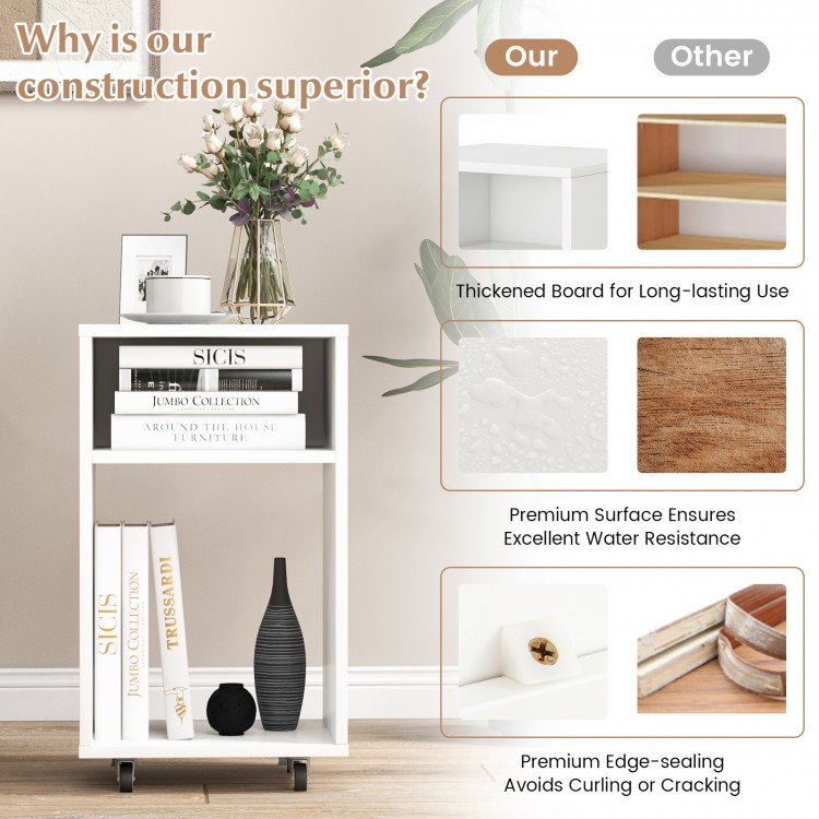 Mobile file cabinet in white with spacious top, 2 open shelves, and rolling casters for easy movement and organization.