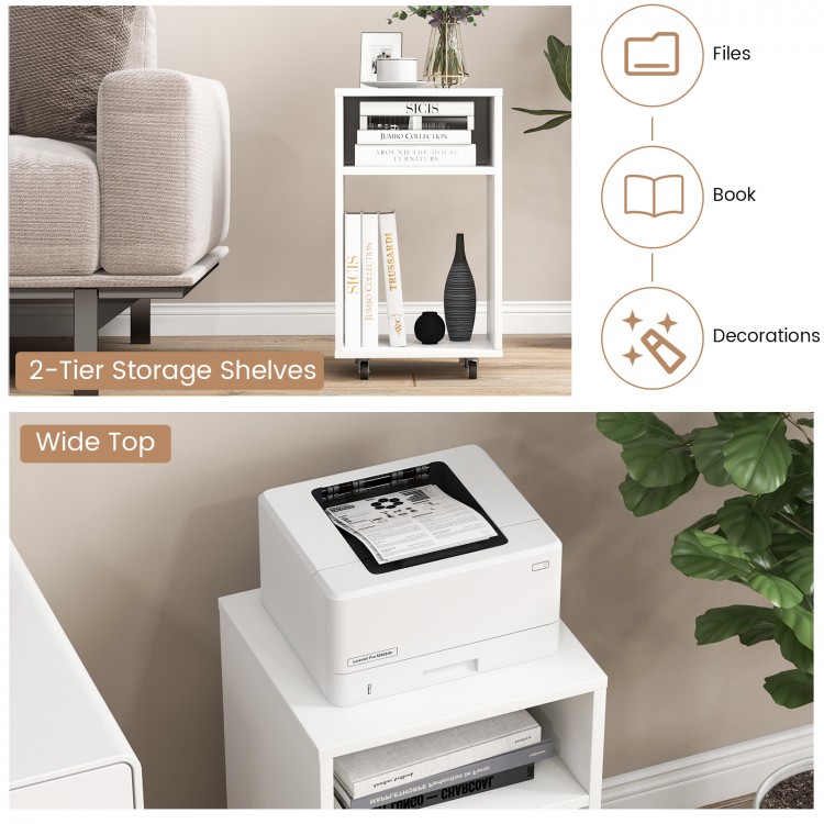 Mobile file cabinet with spacious top for printer, featuring 2 open shelves for organized storage and 4 rolling casters.