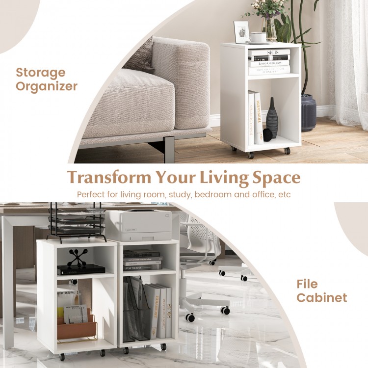 Mobile file cabinet in white with open shelves and rolling casters, ideal for office or home organization.