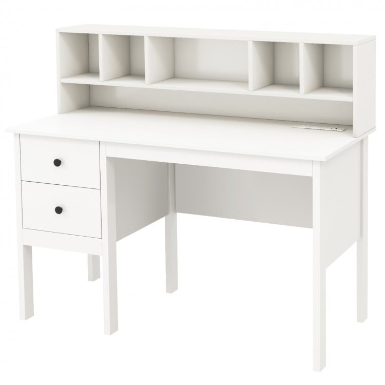 White 48-inch computer desk with two drawers and a 5-cubby hutch, ideal for work and study organization.